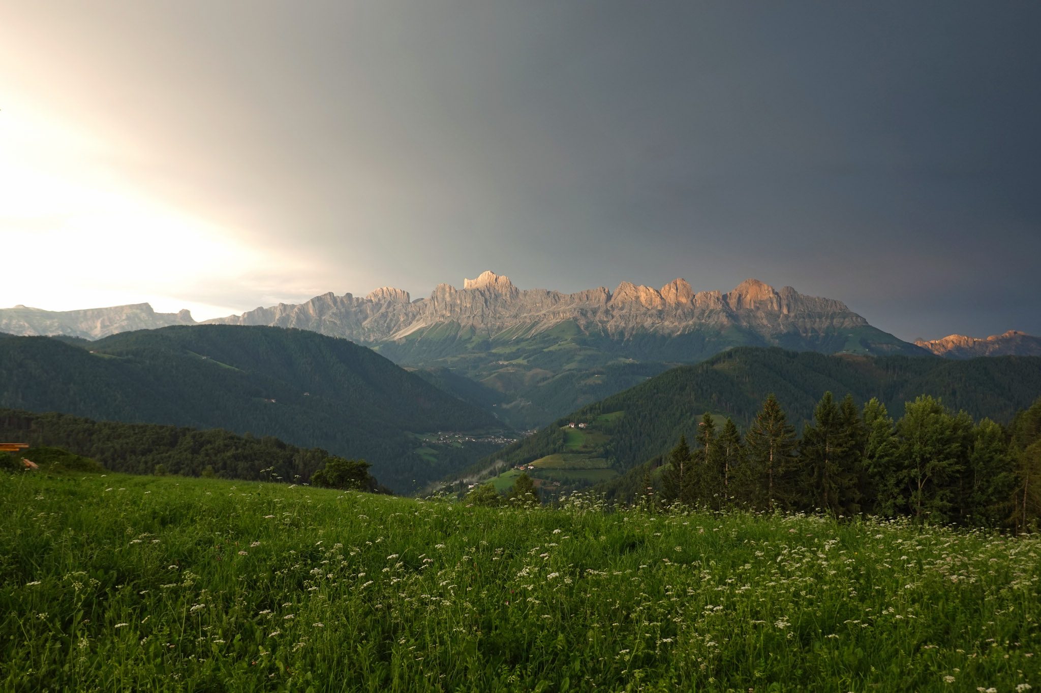 Abendsonne über einer grünen Hügellandschaft